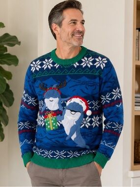 Celebrate Together Men's Blue Holiday Whale Crewneck Sweater XL